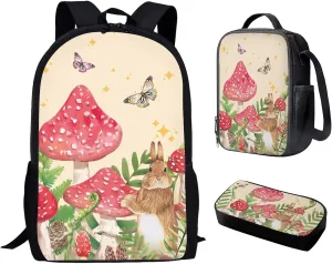 ZFRXIGN Butterfly Mushroom School Bags for Kids Backpack with Lunch Box Pencil Case Set 3 in 1 Backpack for Girls Book Bags Lunchbag Pen Stationery Rabbits Beige