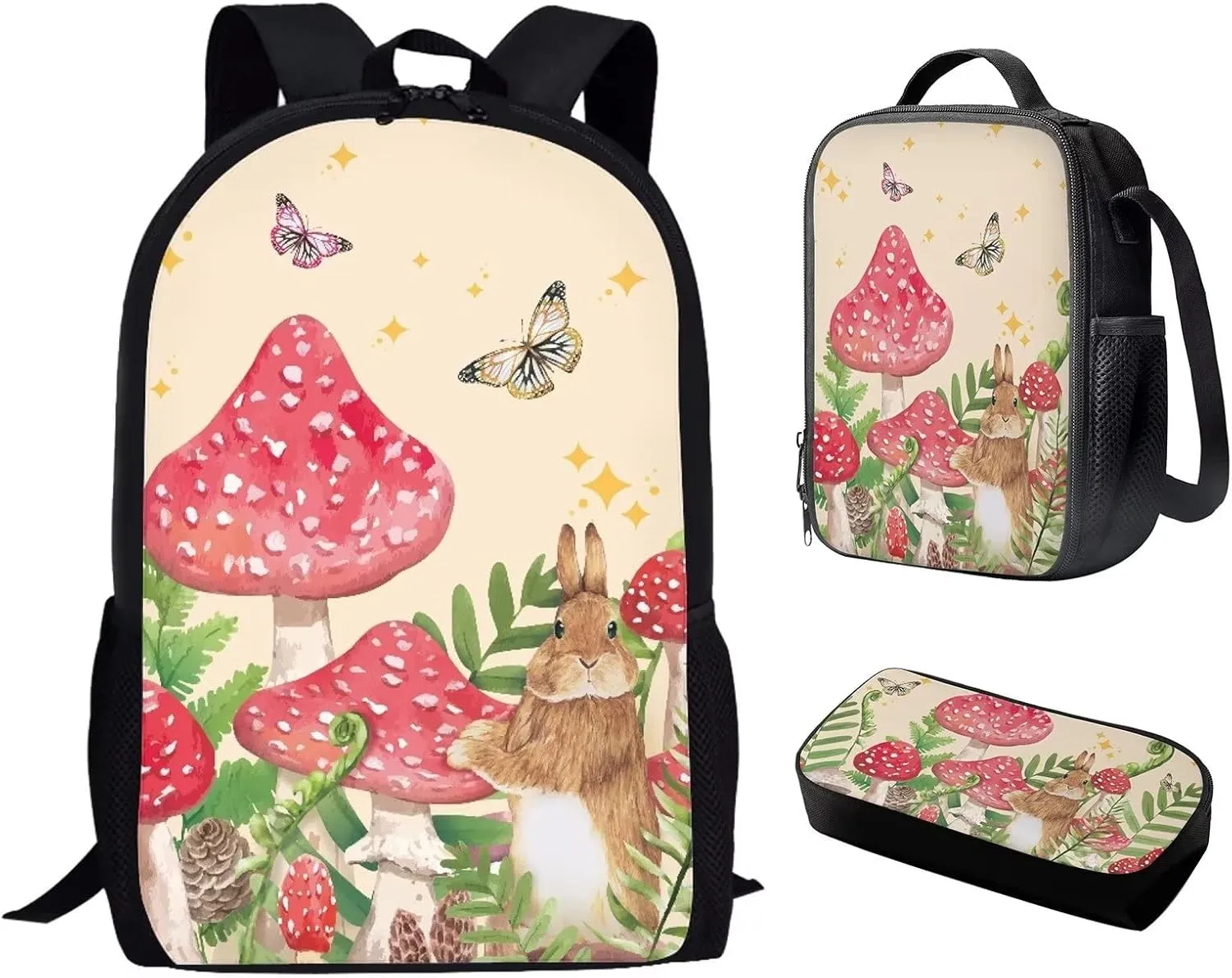 ZFRXIGN Butterfly Mushroom School Bags for Kids Backpack with Lunch Box Pencil Case Set 3 in 1 Backpack for Girls Book Bags Lunchbag Pen Stationery Rabbits Beige