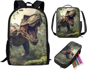 ZFRXIGN Dinosaur Backpack Lunch Box Combo Kids School Backpacks for Girls Boys Elementary Bookbag Back Pack Insulated Lunch Bag Pencil Pouch Cool T-rex Print