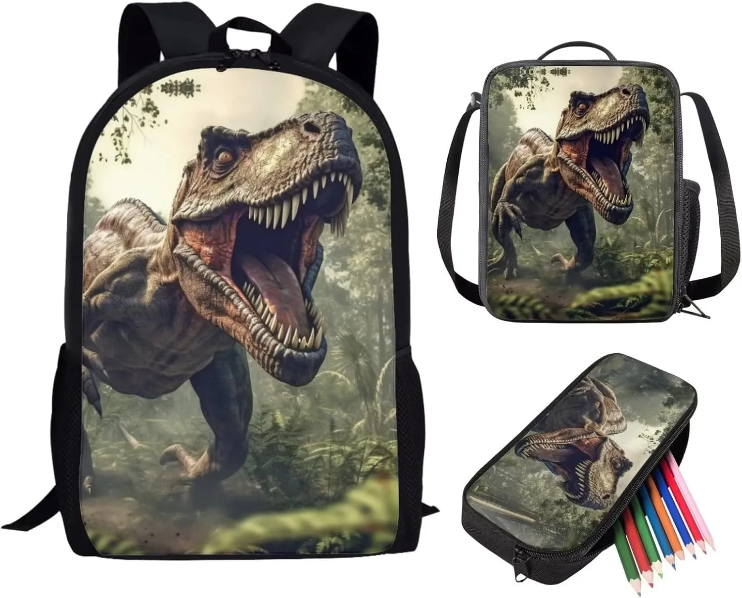 ZFRXIGN Dinosaur Backpack Lunch Box Combo Kids School Backpacks for Girls Boys Elementary Bookbag Back Pack Insulated Lunch Bag Pencil Pouch Cool T-rex Print