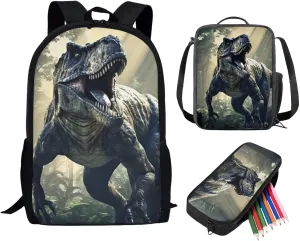 ZFRXIGN Dinosaur Backpack with Lunch Box for Girls School Bags Set 3 in 1 Kids Elementary Bookbag Back Pack, Lunchbag Tote, Pencil Case Purse Cool Tyrannosaurus