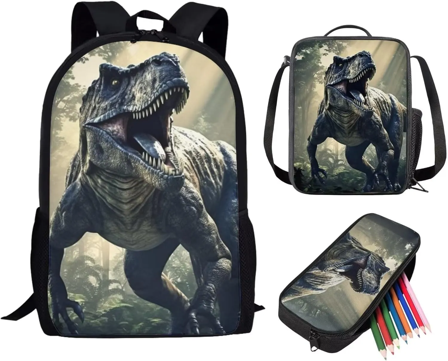 ZFRXIGN Dinosaur Backpack with Lunch Box for Girls School Bags Set 3 in 1 Kids Elementary Bookbag Back Pack, Lunchbag Tote, Pencil Case Purse Cool Tyrannosaurus