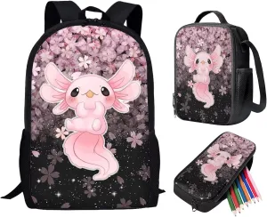 ZFRXIGN Sakura Axolotl Kids Backpacks Girls Bookbags with Insulated Lunch Bag Pen Case Daypack for Child Outdoor Sports Travel Pink Cherry Blossom Flower