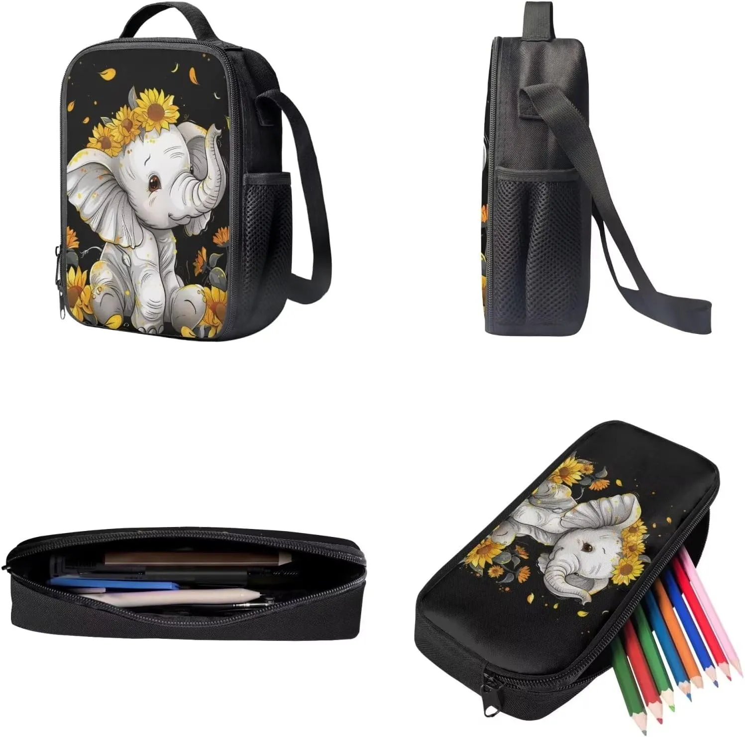 ZFRXIGN Sunflower Elephant Backpack for Girls Teens Bookbag School Bag Lunch Box Pencil Holder for Kids Boys Girls Back To School 3 Pieces School Backpack Bookbag