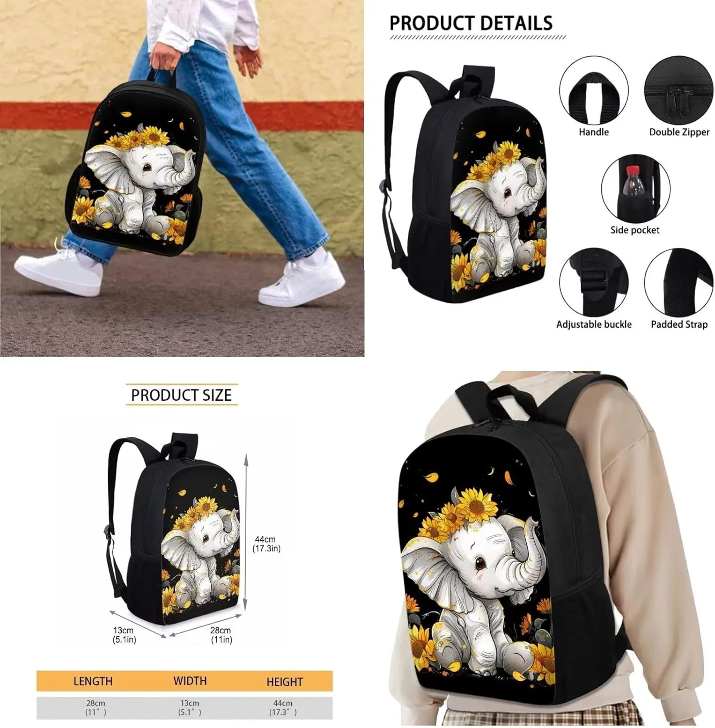 ZFRXIGN Sunflower Elephant Backpack for Girls Teens Bookbag School Bag Lunch Box Pencil Holder for Kids Boys Girls Back To School 3 Pieces School Backpack Bookbag