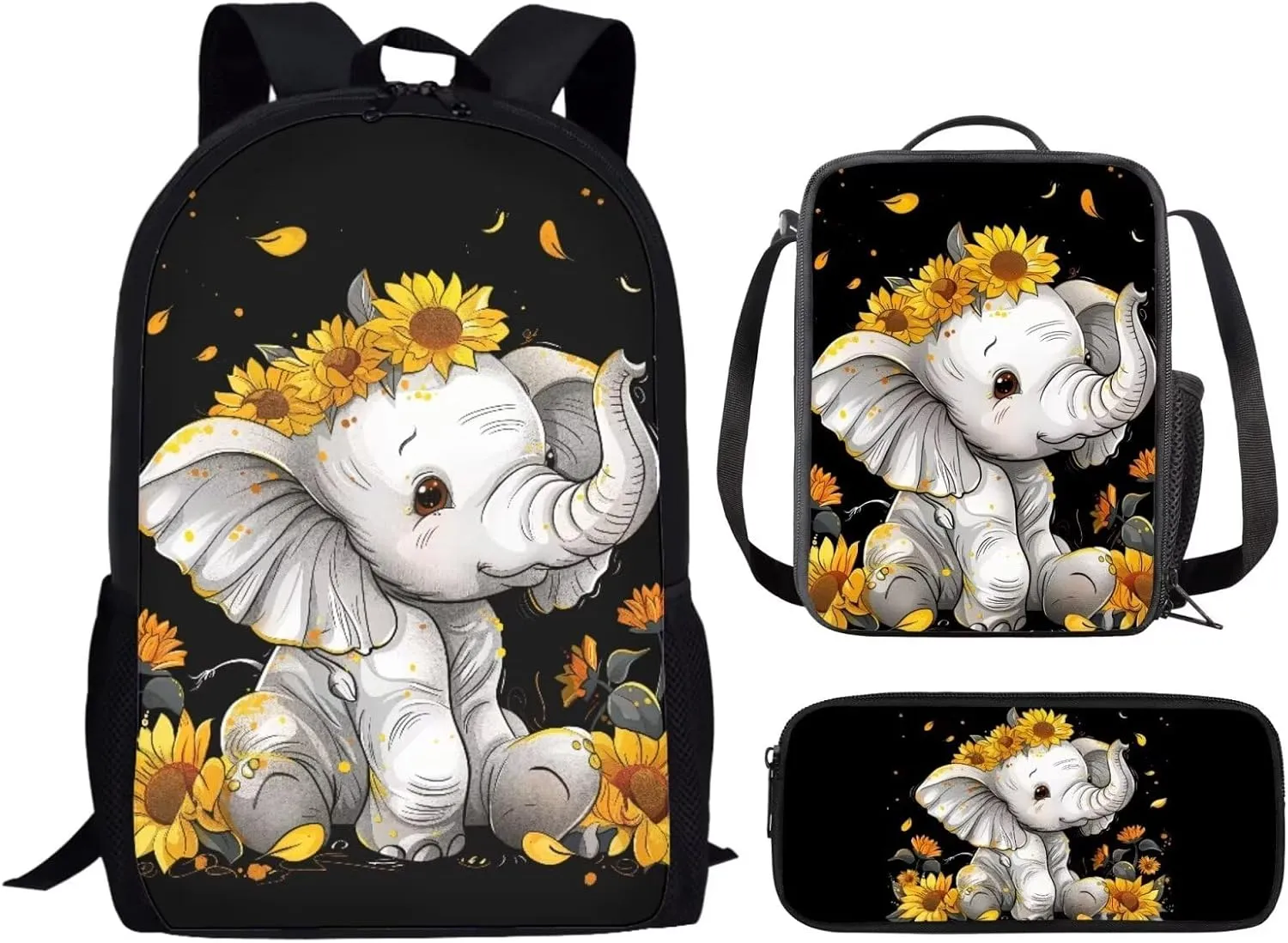 ZFRXIGN Sunflower Elephant Backpack for Girls Teens Bookbag School Bag Lunch Box Pencil Holder for Kids Boys Girls Back To School 3 Pieces School Backpack Bookbag