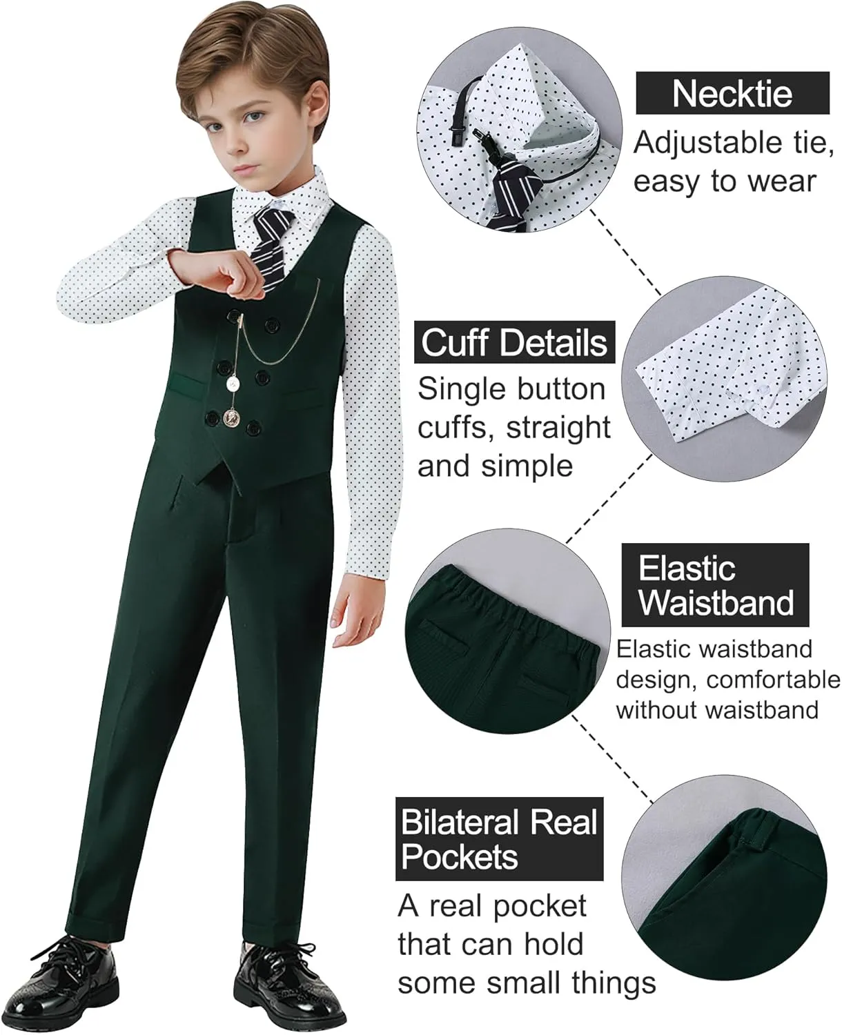 ZOEREA Boys Suit Formal Dress Clothes Big Boy Wedding Outfit Vest Pants Dress Shirt Chain Adjustable Tie 6-10Y