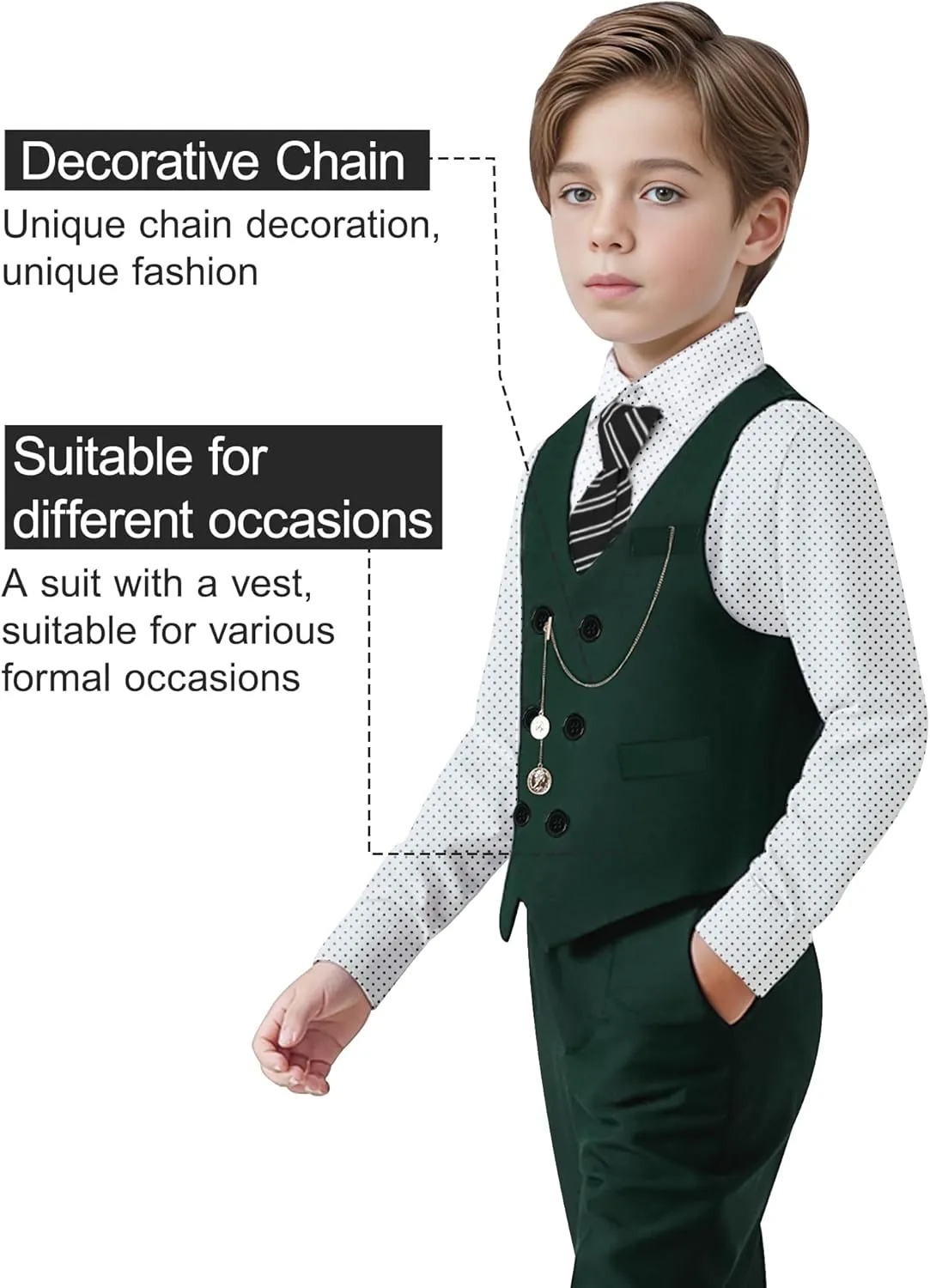 ZOEREA Boys Suit Formal Dress Clothes Big Boy Wedding Outfit Vest Pants Dress Shirt Chain Adjustable Tie 6-10Y