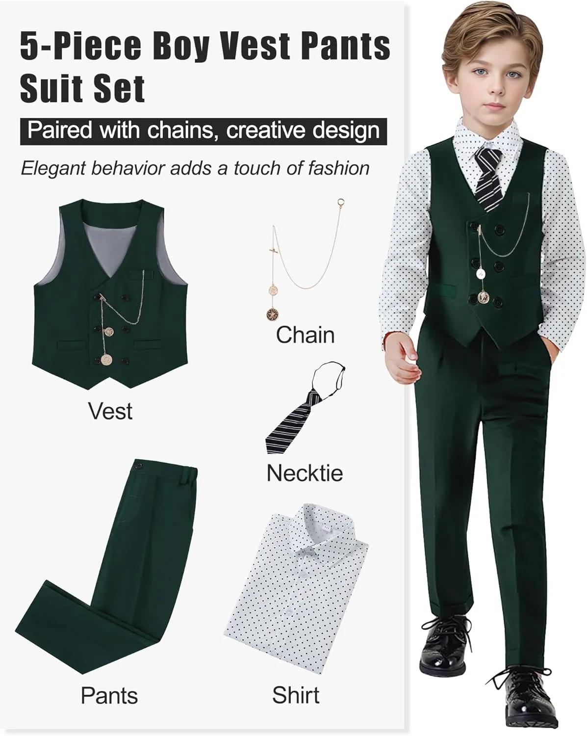 ZOEREA Boys Suit Formal Dress Clothes Big Boy Wedding Outfit Vest Pants Dress Shirt Chain Adjustable Tie 6-10Y