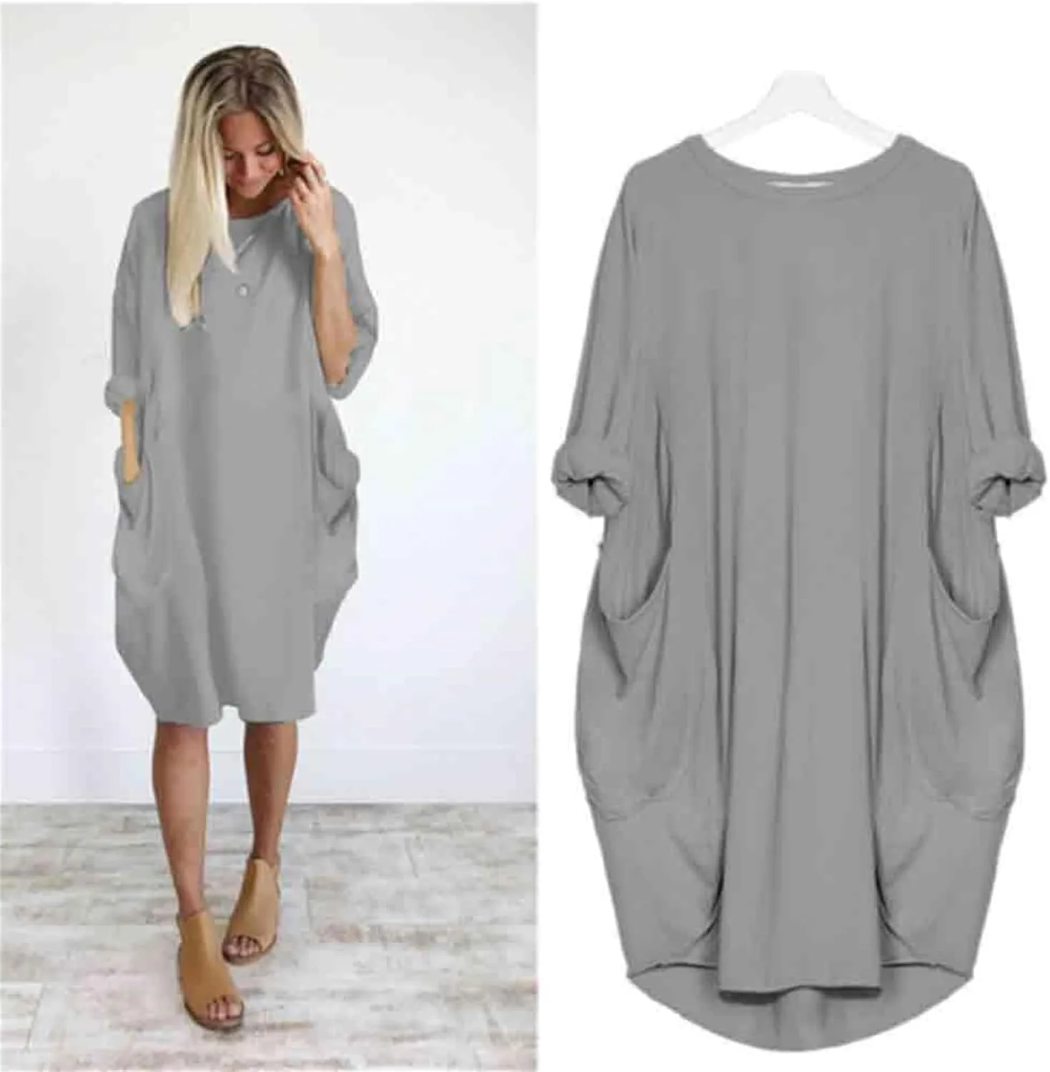 ZWRXW Womens Oversized Tunic Dress Casual Roll-Up Sleeve Baggy T Shirt Dress Loose Plus Size Party Midi Dresses with Pockets